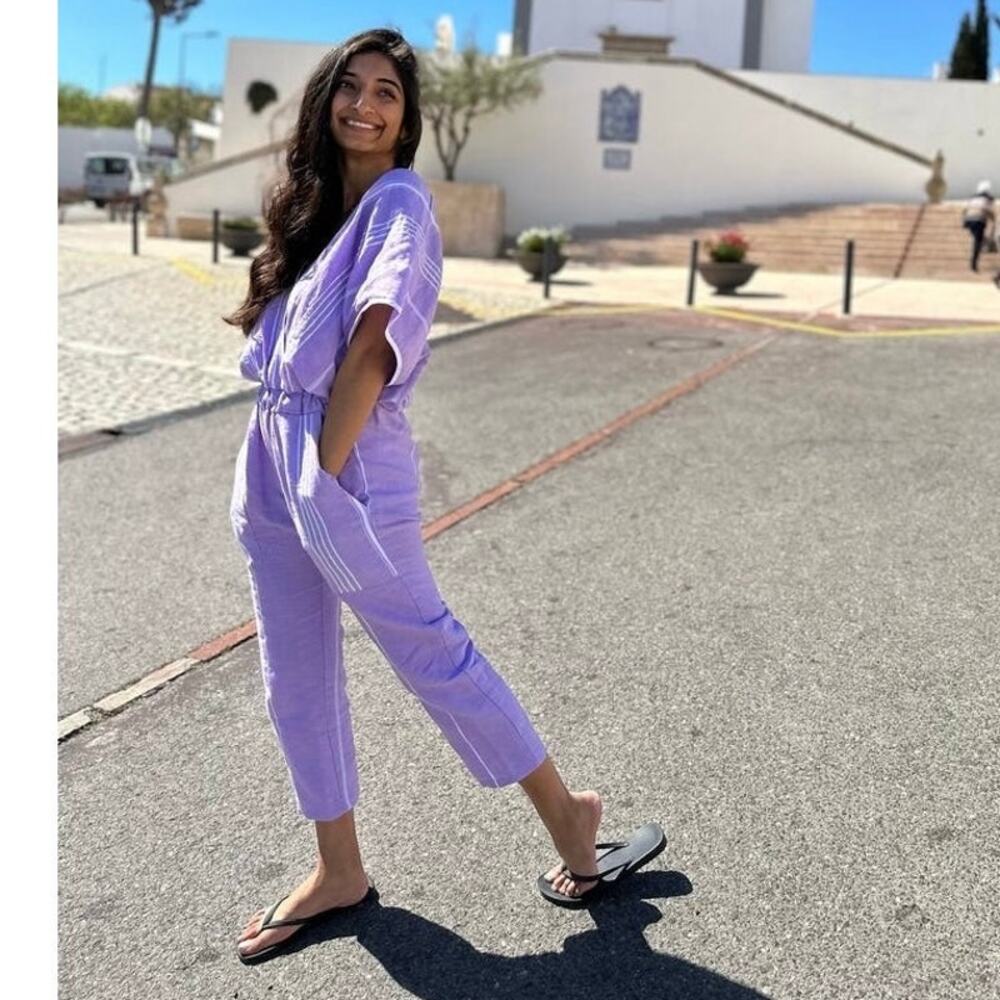 PARADISED Purple Striped 100% Cotton Cap Sleeve Front Button Closure Jumpsuit S